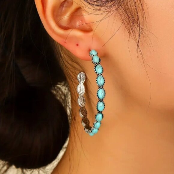 Silver plated Turquoise Howlite Stone Hoop Earrings - NWTs - Picture 3 of 5
